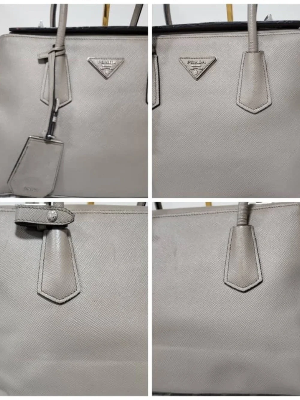Authentic Prada Grey Saffiano Cuir Leather Twin Tote Bag